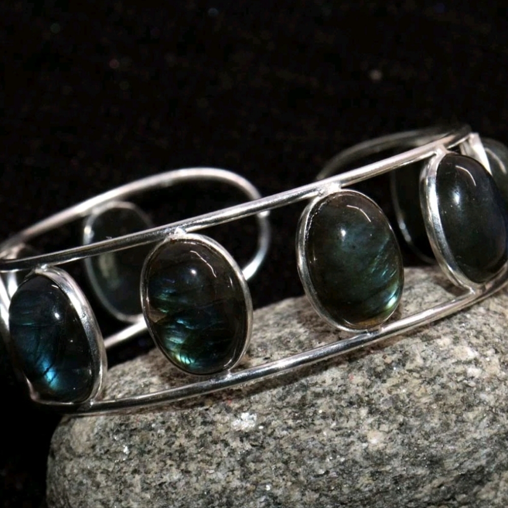Labradorite Sterling Silver Cuff Bracelet - Dark Blue-Green